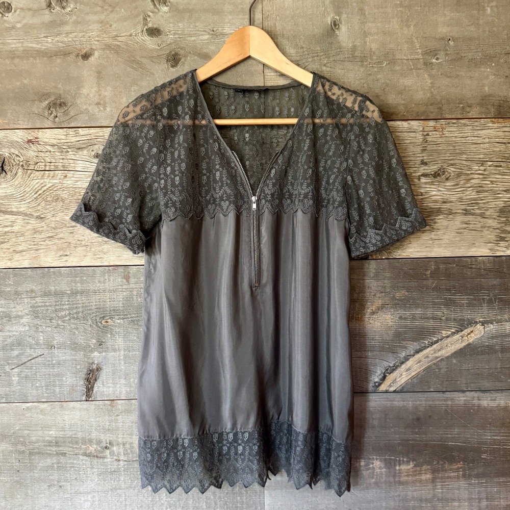 The Kooples Womens Skull Lace Top S‎ Gray Silk Half-Zip Edgy Fairy Grunge Luxury